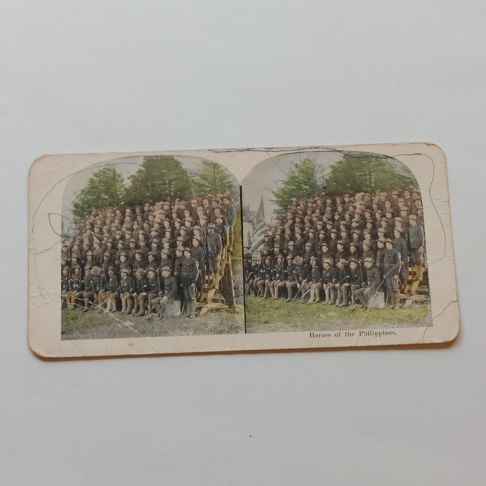 Antique Stereograph Card "Heroes of the Philippines" Troops Military World War